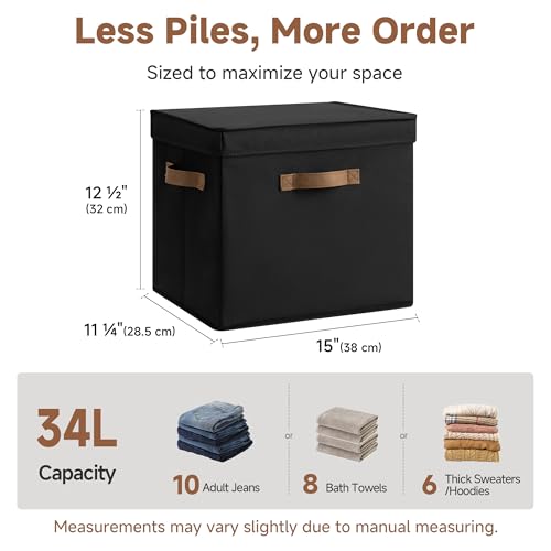 StorageWorks Fabric Storage Bins with Lid, Decorative Storage Boxes for Shelves, Stackable Closet Organizer Basket with Handles, Large, Black, 2-Pack - color: Black, size: 15"L x 11¼"W x 12½"H