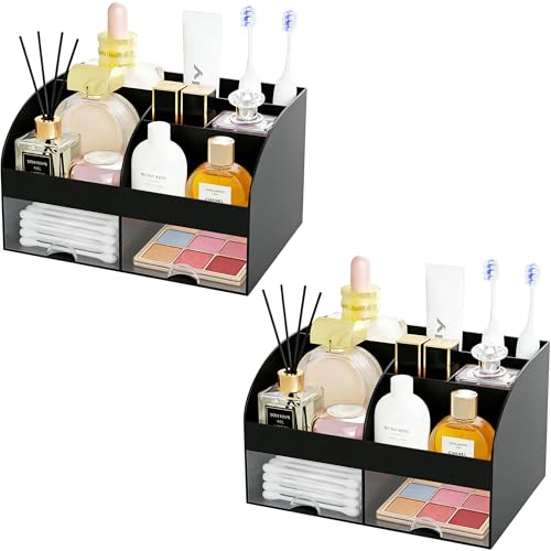 Makeup Organizer with 2 Drawers, Cosmetic Storage for Dresser Vanity and Bathroom Countertop,Make up organization and Skincare Storage with Beauty Brush Holder, Cosmetic Display Case 2Pcs Black - color: 2Pcs Black