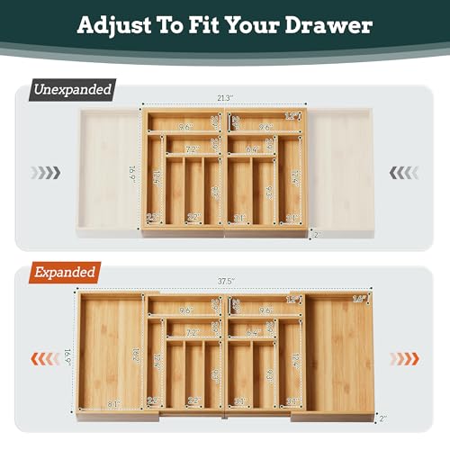 Silverware Organizer Large, Magnetic Connected Expandable 13 Slots Silverware Drawer Organizer From 21 to 37.4 Inches, Adjustable Flatware and Cutlery Holder, Bamboo Utensil Tray for Kitchen Natural - color: Natural, size: 13 Slots