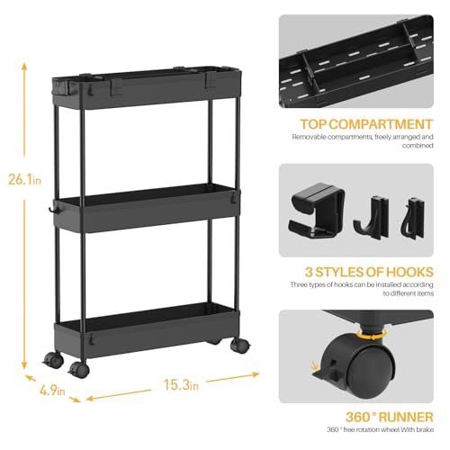 SPACELEAD Slim Storage Cart 3 Tier,Bathroom Organizer Rolling Utility,Mobile Shelving Unit Slide Out for Office, Kitchen, Laundry Room & Narrow Places,Black - color: Black
