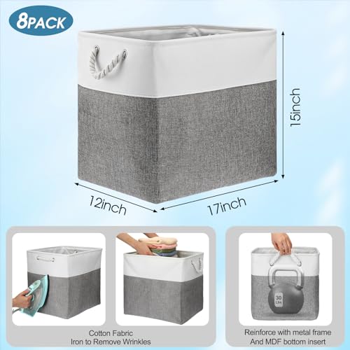meekoo 8 Pack Collapsible Storage Bins Fabric Storage Bins Polyester Fabric Baskets with Handles Linen Closet Organizer for Shelf Home Closet Towels Toys(17 x 12 x 15 in,Gray White) - color: Gray White, size: 17 x 12 x 15 In