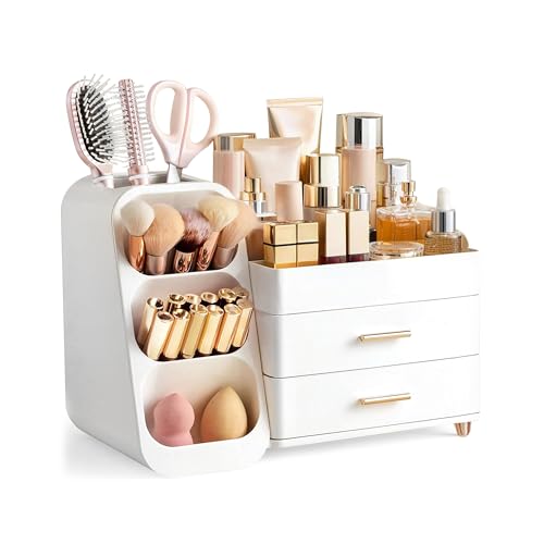 HBlife Makeup Organizer with Brush Holder for Vanity, Large Plastic Bathroom Countertop Organizer Skin Care Storage, Easy to Store Lipsticks, Nail Polishes, Perfumes, Eyeshadow Palettes, All White - color: All White, size: Large
