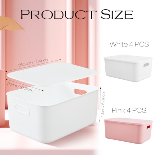 Hoolerry 8 Pieces Colorful Storage Bins with Lid, Plastic Storage Basket Organizing Container Stackable Box with Handle for Shelves Desktop Playroom Office(13.8 x 9.8 x 5.9 Inch,White and Pink) - color: White and Pink, size: 13.8 x 9.8 x 5.9 Inch
