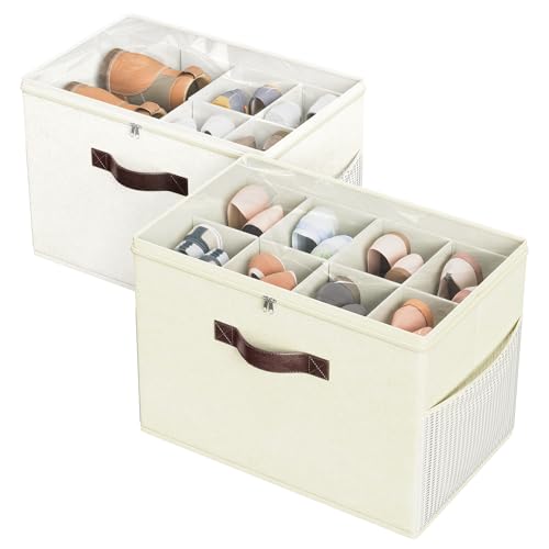 Budding Joy 2 Pack Shoe Organizer for Closet, Clear Foldable Shoe Storage Containers Adjustable Dividers Fits 16 Pairs,Shoe Storage Bins Baskets Boxes with Reinforced Handles Beige Yellow Beige - color: beige+beige-yellow