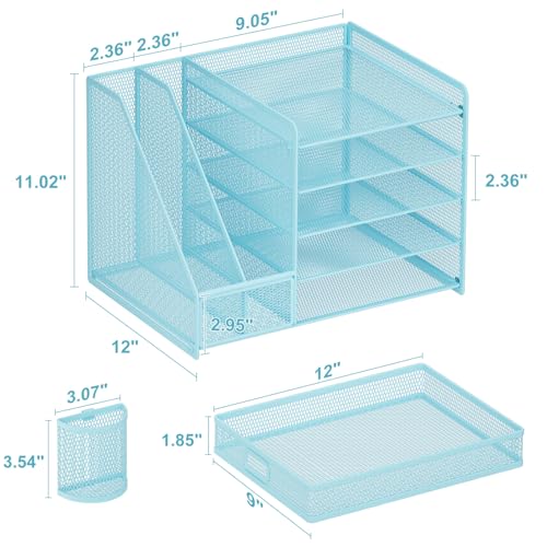 Marbrasse Desk Organizer with File Holder, 5-Tier Paper Letter Tray Organizer with Drawer and 2 Pen Holder, Mesh Desktop Organizer and Storage with Magazine Holder for Office Supplies(Blue) - color: Blue