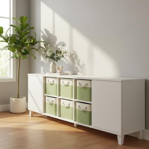 Cube Storage Bins, Collapsible Fabric Storage Cubes Bins, 11 Inch Cube Storage Bins with Handles, Foldable Storage Cubes (White/Green, 6Pack) - color: white green