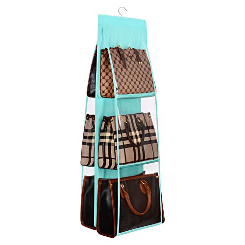 Lirex Medium and Large Handbag Hanging Organizer, 6 Pockets Foldable Hanging Purse Organizer Oxford Cloth Handbag Storage Hanger Universal Fit Closet Organizer for Family Closet Bedroom, Light Blue - color: Light Blue