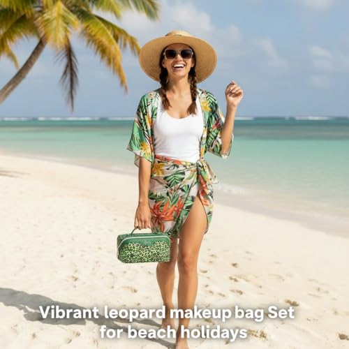 Travel Makeup Bags Organizer for Women: 3 Pcs Set Cosmetic Bag - Large Make up Bag with Compartments - Flat Open Waterproof Leather Toiletry Bags for Skincare, Brushes & Travel Essentials - Green - color: 09-Green