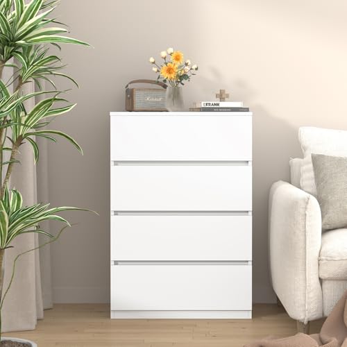 4 Drawer Dresser for Bedroom Closet, Tall Wood Chest of Drawers, Modern White Nightstand for Clothes, Small Dressers with Smooth Drawers, Space-Saving Storage - color: White, size: 13.4"D x 23.6"W x 34.5"H (4 Drawers)