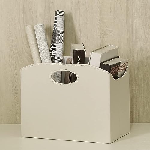 EZDeco Magazine Holder Foldable Magazine Rack Floor PU Leather File Holder Newspaper Book Storage Magazine Basket Document File Folder Organizer for Office Home (Off-White-2) - color: Off-White-2