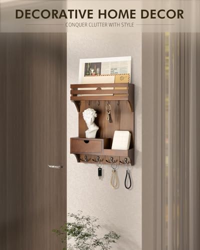 Rebee Vision Farmhouse Key Holder Wall Mount – Decorative Mail Organizer with 9 Key Hooks and Mini Drawer Organizer – Rustic Home Decor for Apartment Essentials (Brown) - color: Brown, style: Small Drawer