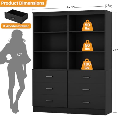 Aheaplus 47.2" Closet Drawers System, 3.94FT Wood Closet Organizer System with 6 Drawers, Modular Small Walk-in Closets Storage Unit, Set of 2, Black (47.2" L x 13.8" W x 71" H) - color: Black, size: 47.2''