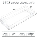 STORi SimpleSort 2-Piece Stackable Clear Drawer Organizer Set | 15" x 6" x 2" Rectangle Trays | Wide Makeup Vanity Storage Bins and Office Desk Drawer Dividers | Made in USA - size: 15x6x2"