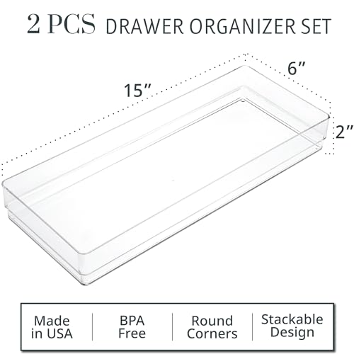 STORi SimpleSort 2-Piece Stackable Clear Drawer Organizer Set | 15" x 6" x 2" Rectangle Trays | Wide Makeup Vanity Storage Bins and Office Desk Drawer Dividers | Made in USA - size: 15x6x2"