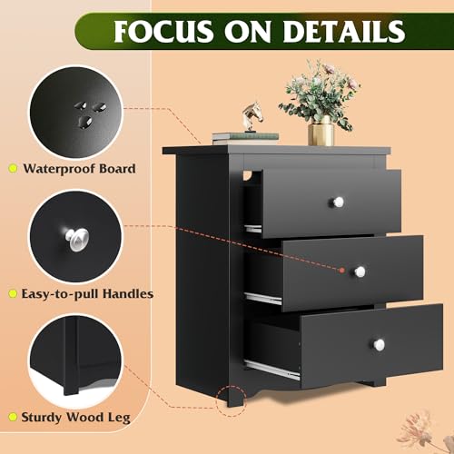 WLIVE Tall Nightstand with Charging Station, Wood Night Stand with 3 Drawers Storage, Bedside Table End Side Tables with 2 USB Ports and Outlets for Bedroom, Closet, Black - color: Black