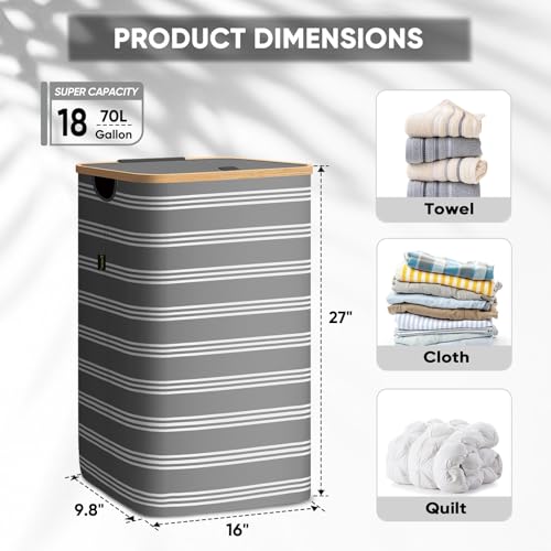 BALEINE Laundry Hamper with Lid, Tall Laundry Baskets with Bamboo Pull Handles, Large Laundry Bin with Internal Support (18 Gal/70L, Grey Pinstripe) - color: Grey Pinstripe, size: 70 liters