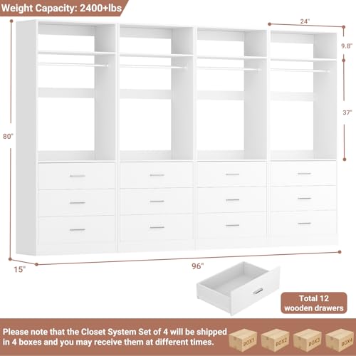Besiost Closet System Set of 4, 8FT Closet Systems with 12 Wood Drawers, 96" Closet Organizer System with 4 Hanging Rods & 4 Shelves, Heavy Duty 96 Inch Walk-in Closet, White (96"L x 15" W x 80" H) - color: White, size: 8FT