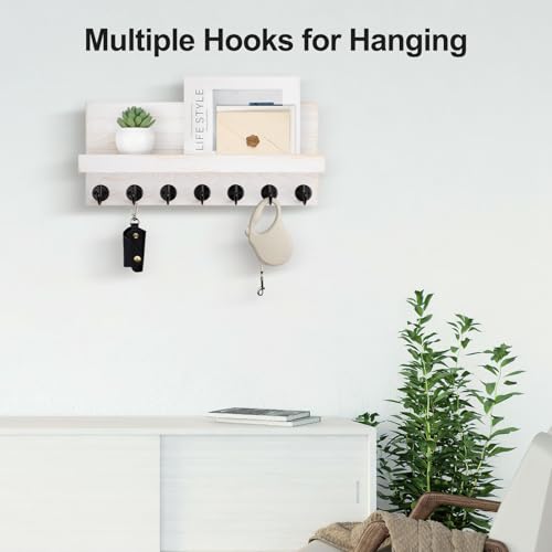 Lwenki Key Holder Wall Mount, Entryway Key and Mail Holder with 7 Sturdy Hooks for Sunglasses, Dog Leash, Decorative Wall Shelf with Mounting Hardware, 15”W x 6.7”H x 4.2”D - color: Vintage White