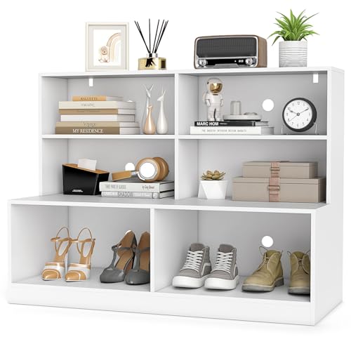 Giantex Storage Bench with Shelf, 3-Tier Entryway Storage Cabinet w/Seat, 2-in-1 Shoe Bench w/Bookshelf, Anti-tip Kits, Modern Style 6-Cube Organizer for Living Room, Study, Hallway, White