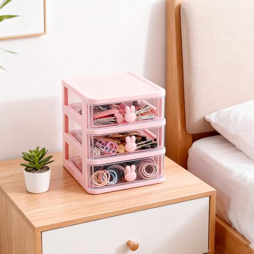 Desk Organizer with Drawer, Stackable Makeup Organizer White, Small Plastic Storage Box for Desktop, Bathroom Counter or Dresser, School, Home, Office (Pink-3 Tier) - color: Pink-3 Tier