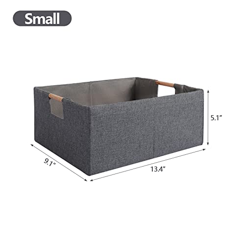 Fabric Storage Bin Box Foldable Cotton Linen Storage Basket with Wooden Handles Rectangular Cube Decorative Home Laundry Organizer Clothes Blanket Container - Grey, Small - color: Grey, size: Small