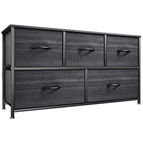 YITAHOME Dresser with 5 Drawers - Fabric Storage Tower, Organizer Unit for Bedroom, Living Room, Closets - Sturdy Steel Frame, Wooden Top - color: Cool Black Wood Grain, style: 5-Drawer