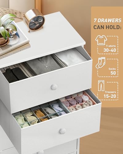 Mifuro Tall Fabric Dresser for Bedroom, Vertical Storage Organizer Tower with 7 Drawers, Chest of Drawers with Bins, Steel Frame, Wood Top for Bedroom, Closet, Entryway White - color: White, size: 7 Large Drawers