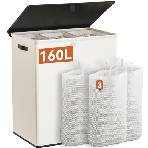 WOWLIVE Laundry Hamper with Lid,160L Large Laundry Basket 3 Section with Removable Washing Bags,Collapsible Waterproof Dirty Clothes Hamper for Laundry Room Bathroom Dorm,Beige - color: Beige, size: 160L (24.8x 14 x 27.5 Inches)