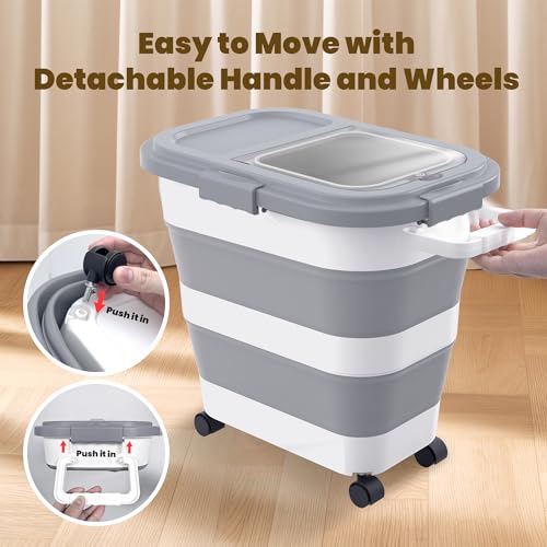 HOYTAMDA 25-35Lbs Rice Container,Collapsible Airtight Food Storage Containers with Wheels,Handle,Rice Storage Container with Small Bin and Scoop,Rice Dispenser for Flour Sugar Cereal Grain Dog Cat - color: Grey/25-35lbs