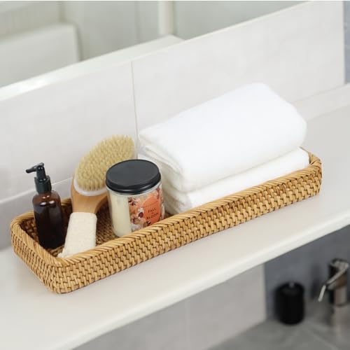 Rattan Bathroom Tray Countertop, Wicker Toilet Tank Basket, Decorative Bathroom Vanity Tray for Decor Coffee Table - size: 16.2" x 6" x 1.8"