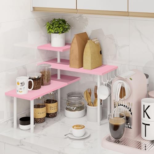 Homode 3-Tier Counter Organizer Shelf for Bathroom, Corner Shelf for Countertop, Over Sink, Make Up, Dresser Table, Desktop - Pink - color: Pink, With Hooks