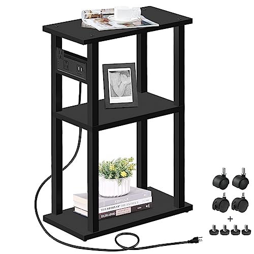 TUTOTAK Small Narrow Side Table with Charging Station, Skinny End Table for Small Spaces, Slim Nightstand with USB Ports and Outlet, Sofa Beside Table with Wheels, Black TB01BK046 - color: Black, size: 1 PC, style: With Plug