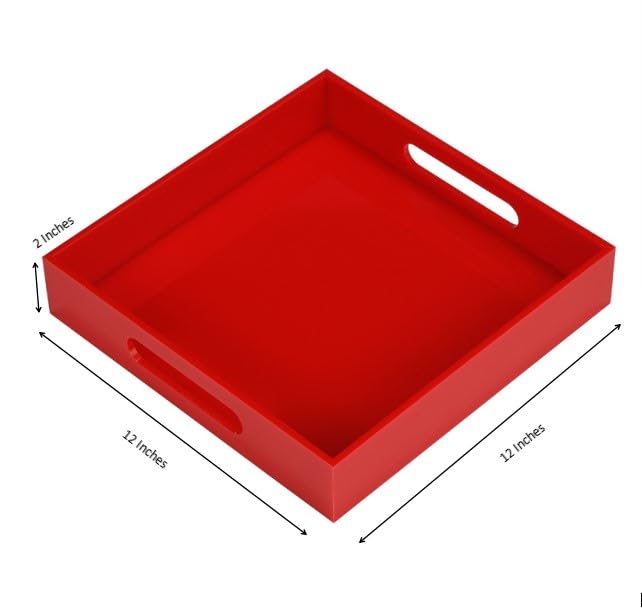 Sturdy Red Acrylic Serving Tray with Handles - 12x12 Inch - Coffee & Appetizer Platter - Kitchen Counter & Vanity Organizer - color: Glossy Red, size: 12" x 12" x 2"