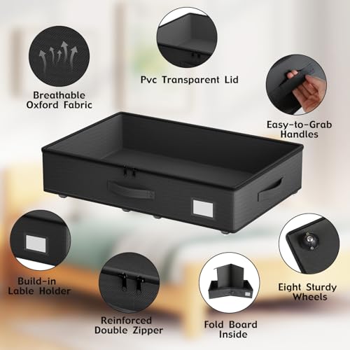 EE-RoomWorld Underbed Storage With Wheels, No Assembly Required - 5.5 Inch Height Black Underbed Bins, Low Profile Rolling Shoe Storage Containers for Dorm - color: Black, size: 5.5 inch height