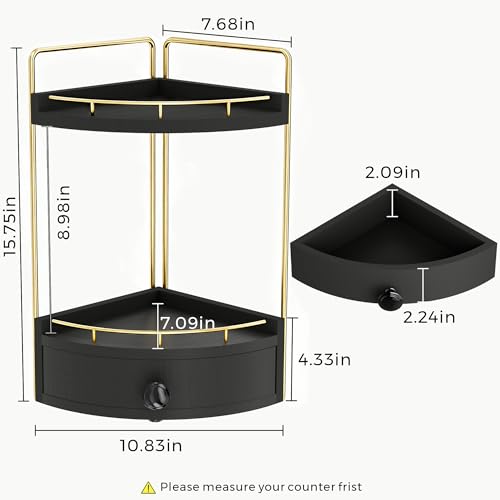 2-Tier Corner Bathroom Counter Organizer with Drawer & Embedded Screw Holes - Wooden Countertop Organizers for Skincare, Makeup Storage, Bathroom Sink Counter Shelf for Vanity, kitchen, Black Gold - color: Black Gold