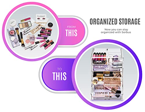 Sorbus Acrylic Makeup Organizer Set, 6-Drawer Vanity & Countertop Cosmetic Storage with Small & Wide Drawers, Clear Makeup Storage for Brushes, Lipsticks, Jewelry – Holiday Gift for Women & Teens - color: Clear, style: 4 Large, 2 Small Drawers