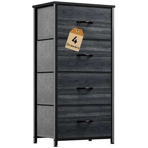 DWVO 4 Drawers Dresser, Dresser for Bedroom, Fabric Storage Tower, Chest of Drawers, Organizer Unit for Closets, Living Room, Sturdy Steel Frame, Wooden Top, Easy Pull Fabric Bins - color: B - Black Wood Grain Ash, style: 4-Drawer