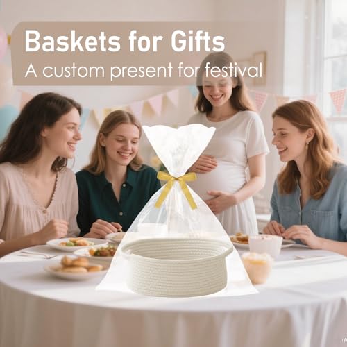 JMvicyroam Woven Basket,Small Rope Storage Bin with Handles & Ribbon Bag, Organizer for Shelves Closets,Gift Basket Empty for Birthday,Books,Dog Toys,White/2 Pack - color: White, size: 2 Pack