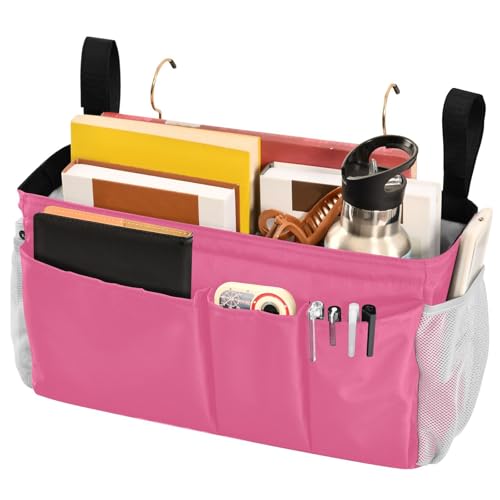 Neon Rose Red Bedside Caddy Storage Bag Bedside Organizer for Dorm Room Top Bunk Bed Hanging Bag Bedside Shelf 6 Pockets with Hooks for Magazine Water Bottle Holder - color: Neon Rose Red