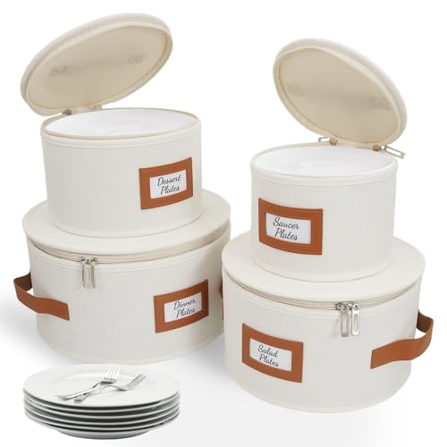 HOMELUX THEORY Plate Storage Box, 4pc Ivory Hard Shell China Storage Containers with 48 Felt Pads, Kitchen Storage Bins With Lids, Moving Box with Handles for Dishes, Dinner Plate & Platter - color: Ivory, size: 5. Plate Storage Set - 4 Piece
