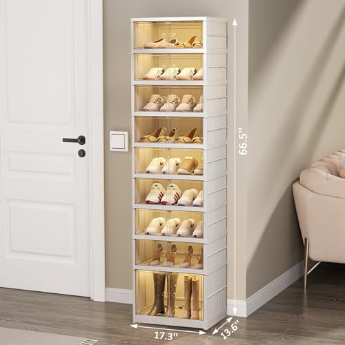 SYNCVIBE Shoe Rack Organizer for Closet Entryway 9 Tiers-18 Pairs Foldable Sneaker Storage Shoe, Collapsible Shoe Cabinet with Doors, Stackable Shoe Storage Cabinet with Lids for Living Room - size: 9 Tiers -18 Pairs