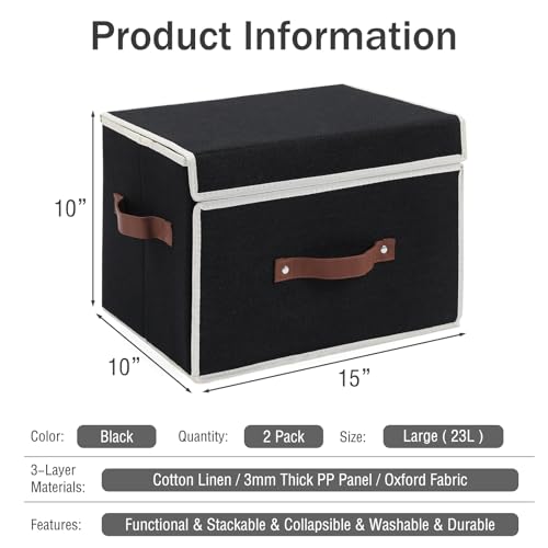 2PCS Storage Bins Box with Lids Front Opening Window Decorative Cotton Linen Fabric Basket PU Leather Handles PP Board Foldable Washable Shelf Closet Organizer Container (Black, Large) - color: Black, size: Large ( Pack of 2 )