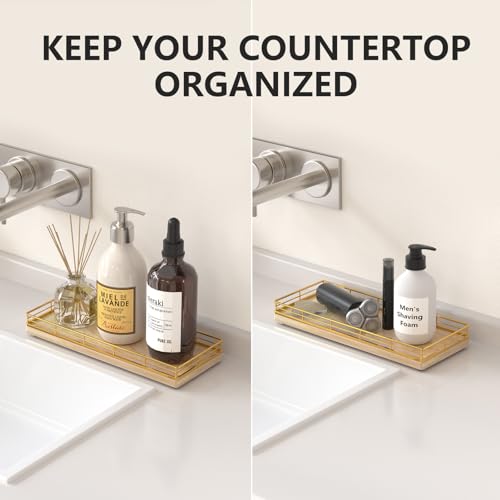 Bathroom Tray for Counter Top Organizer – Oak Wood Vanity Tray with Metal Frame for Dresser, Kitchen, Nightstand – Gold & Oak Decorative Storage - color: Gold & Oak, size: 11" x 4.5" x 1.5"
