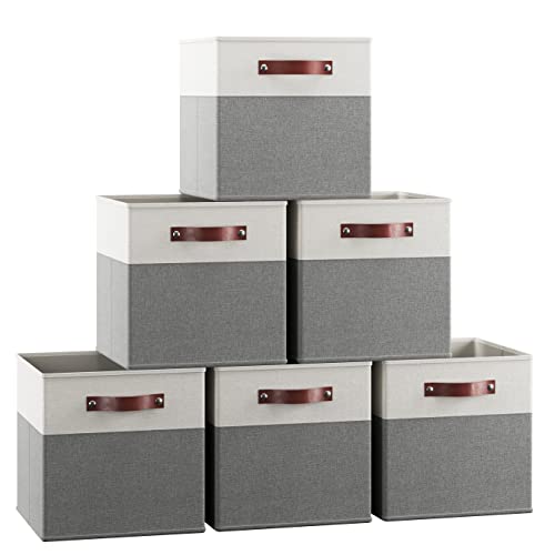 Ornavo Home 11 x 11 Storage Cube Bins, Foldable Collapsible Fabric Storage Bins Box Linen Shelf Basket Cube Organizer for Closet with Leather Handles, 6 Pack, White/Gray - color: White/Gray, size: Cube - 11 x 11 x 11