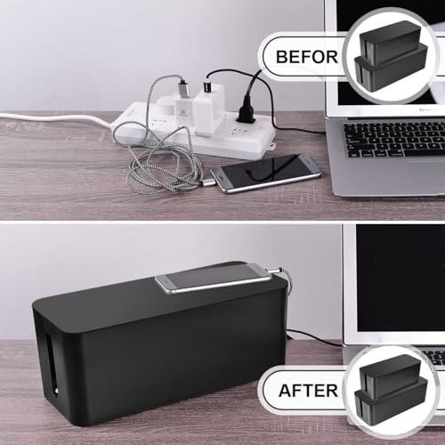 Cable Management Box, 2 Pack Large & Medium Cable Organizer Box with 17 PCS Cable Management Set, Cord Organizer Box to Hide Surge Protector on Desk or Floor (Black) - color: Black