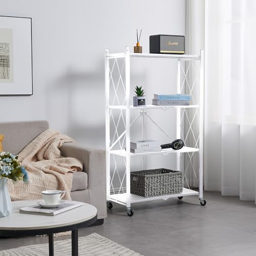 BRIAN & DANY 4-Tier Foldable Storage Shelves with Wheels, Folding Metal Rack Shelving Unit, Heavy Duty No Assembly Organizer Shelf for Garage, Kitchen, Pantry, White - color: White, size: 4-tier