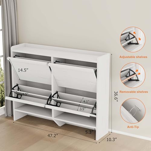 GarveeHome Shoe Cabinet with 4 Flip Drawers, Wooden Shoe Organizer Cabinet with Adjustable Shelf, Shoe Storage for Entryway, Hidden Shoe Cabinet for Hallway, Living Room, White - color: White, size: 4-Drawers