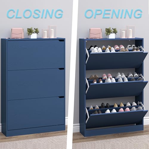 BORNOON Shoe Cabinet with 3 Flip Drawers, Hidden Wood Shoe Cabinet,Freestanding Shoe Storage Cabinet for Entryway Hallway. 47.2" H*31.5" W*9.45" D - color: Blue, size: 3 Drawers