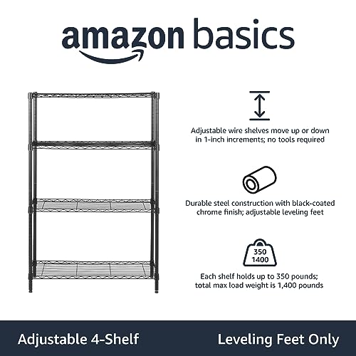 Amazon Basics 4-Shelf Adjustable Heavy Duty Steel Wire Rack Storage Shelving, Sturdy Garage Shelving, 350 lbs Capacity Per Shelf, Easy No-Tool Assembly, 36" x 14" x 54", Black | Heavy Duty, Adjustable, for Kitchen, Garage, Storage, Shelving Organizer - co