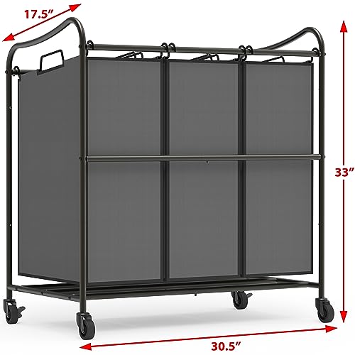Simple Houseware Heavy Duty 3-Bag Laundry Sorter Rolling Cart, Dark Grey – Durable Triple Laundry Hamper with Removable Bags and Lockable Wheels for Efficient Laundry Organization - color: Dark Grey